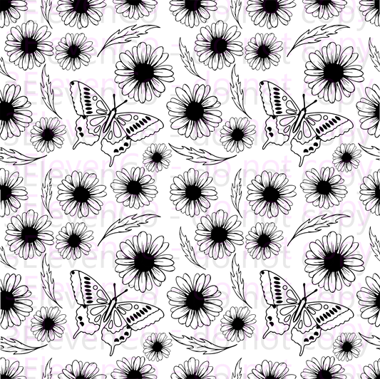 2025 black and white floral outline UV DTF