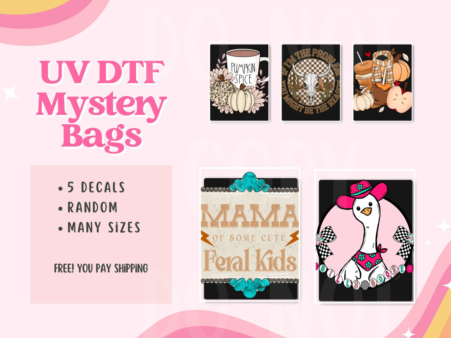FREE UV DTF decals - PACK OF 5 MISC | PAY SHIPPING ONLY |