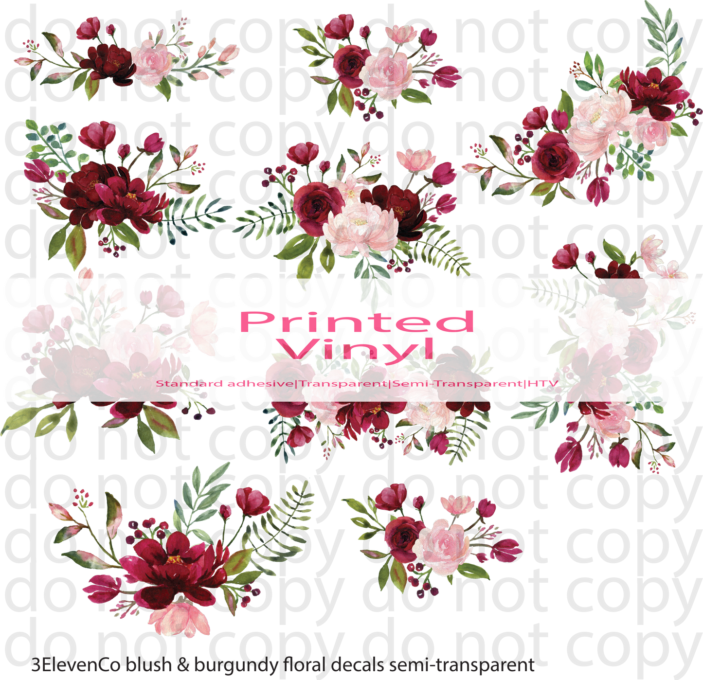 blush and burgundy florals element sheet | semi-transparent or UV DTF