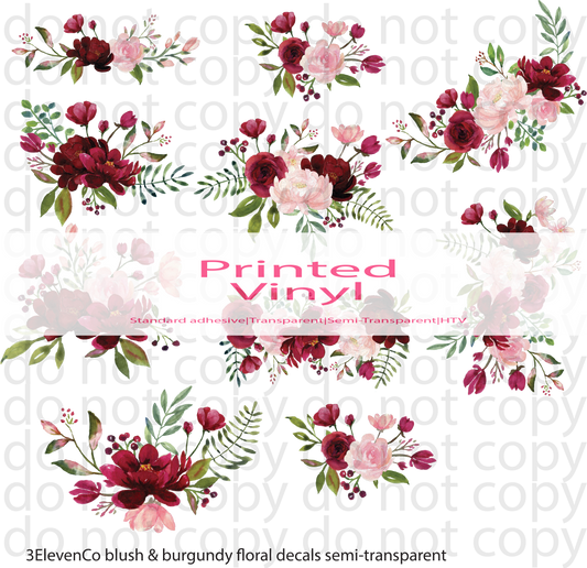 blush and burgundy florals element sheet | semi-transparent or UV DTF