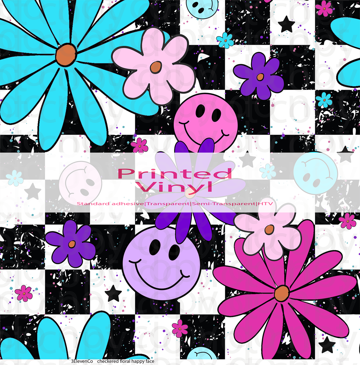 checkered floral happy face vinyl sheet