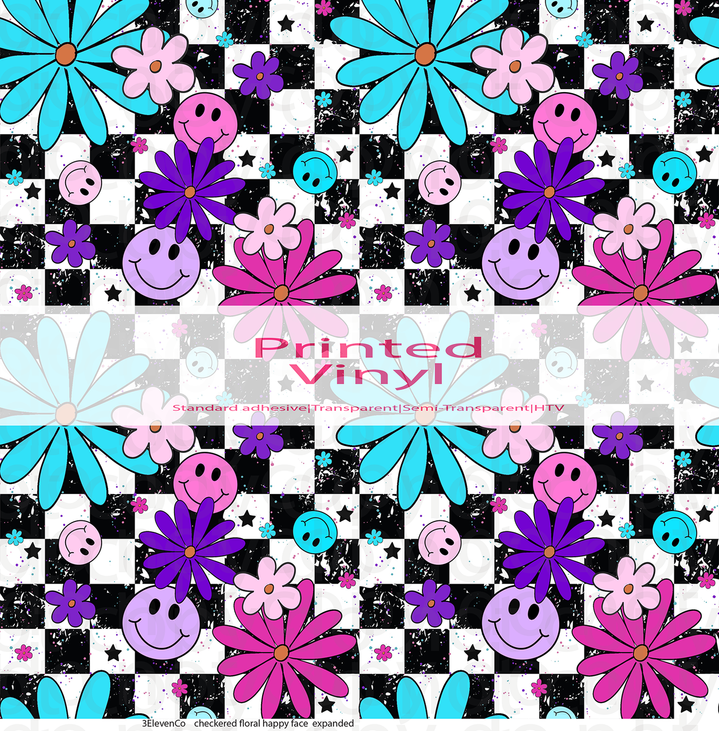 checkered floral happy face vinyl sheet